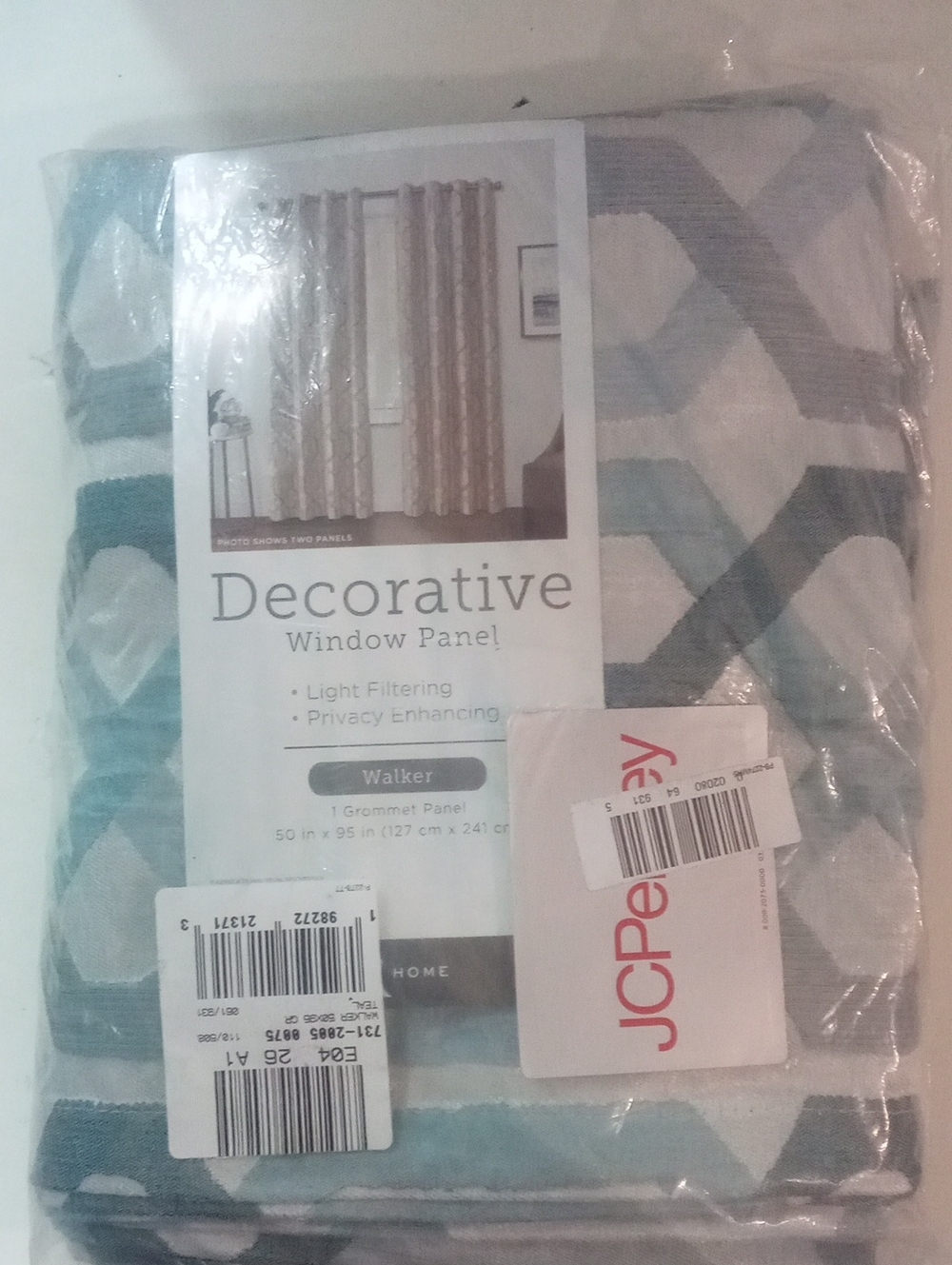 R Home  Walker Window Curtain  Panel Teal and Gray Geometric 95" NWT $60